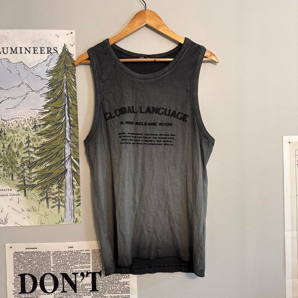NWT Zara Washed Grey Global Language Graphic Tank Top